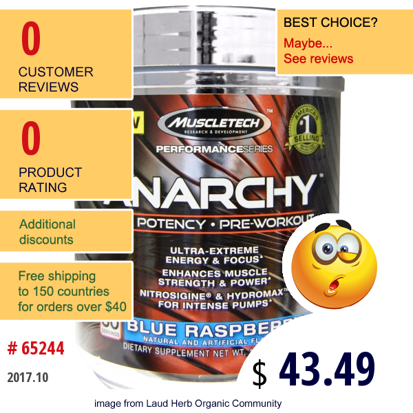 Muscletech, Anarchy, Max Potency, Pre-Workout, Blue Raspberry, 10.93 Oz (310 G)  