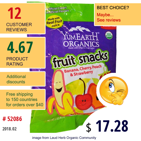 Yumearth, Fruit Snacks, Banana, Cherry, Peach & Strawberry, 12 Packs, 2 Oz (56.7 G) Each