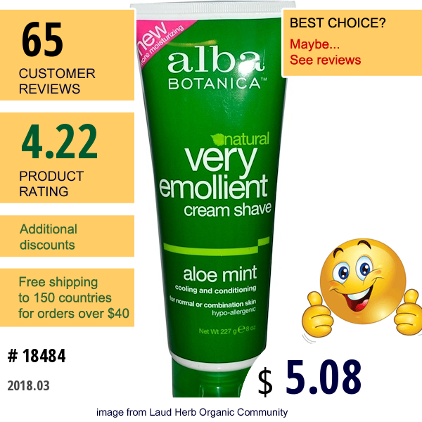 Alba Botanica, Natural Very Emollient, Cream Shave, Aloe Mint, 8 Oz (227 G)