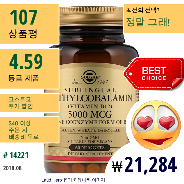 Solgar, 메틸코발아민(설하정), 5000 Mcg, 60 너겟