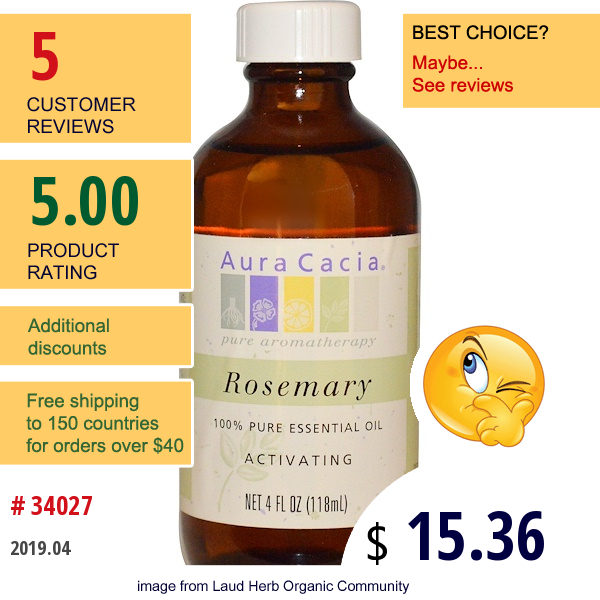 Aura Cacia, 100% Pure Essential Oil, Rosemary, 4 Fl Oz (118 Ml)  