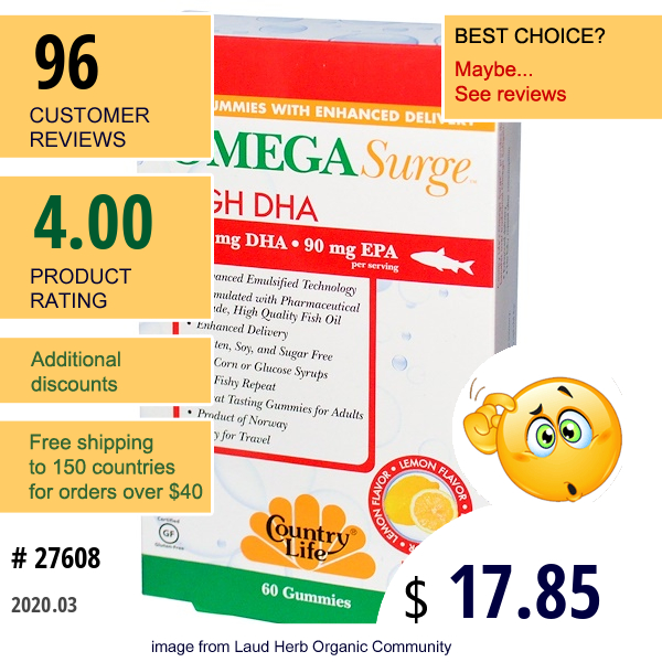 Country Life, Omega Surge, High Dha, Lemon Flavor, 60 Gummies  