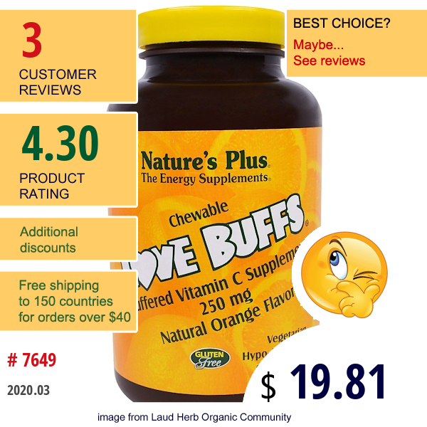 Nature'S Plus, Love Buffs, Chewable Buffered Vitamin C, Natural Orange Flavor, 250 Mg,  90 Tablets  