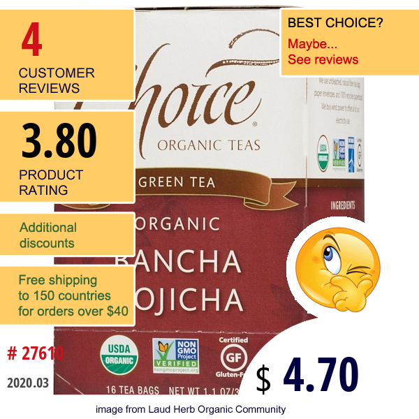 Choice Organic Teas, Green Tea, Organic, Bancha Hojicha, 16 Tea Bags, 1.1 Oz  (32G)  