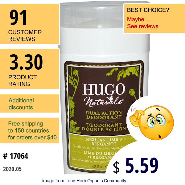 Hugo Naturals, Dual Action Deodorant, Mexican Lime & Bergamot, 1.5 Oz (42.5 G)  