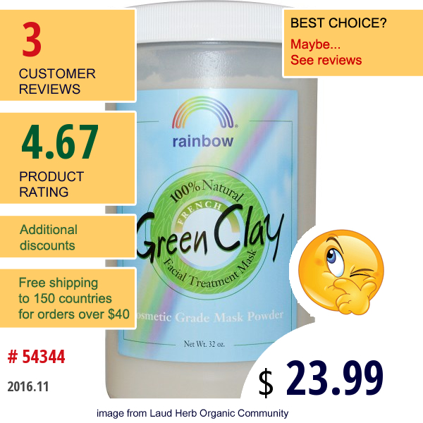 Rainbow Research, French Green Clay, Facial Treatment Mask Powder, 32 Oz