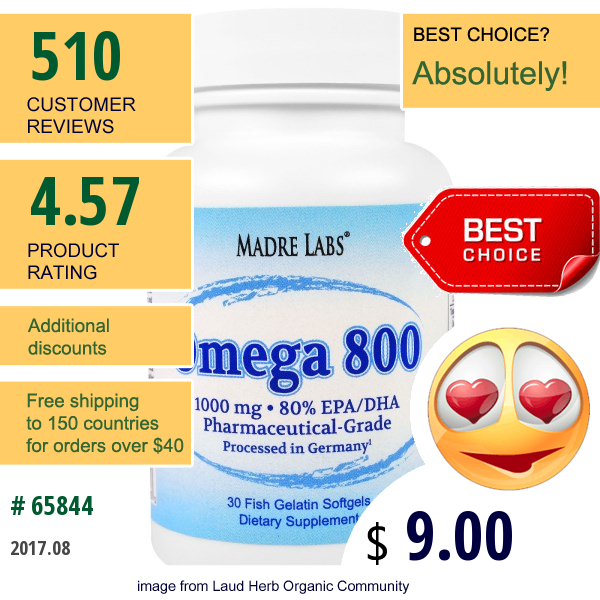 Madre Labs, Omega 800 Fish Oil, Pharmaceutical Grade, German Processed, No Gmos, No Gluten, 1000 Mg, 30 Fish Gelatin Softgels