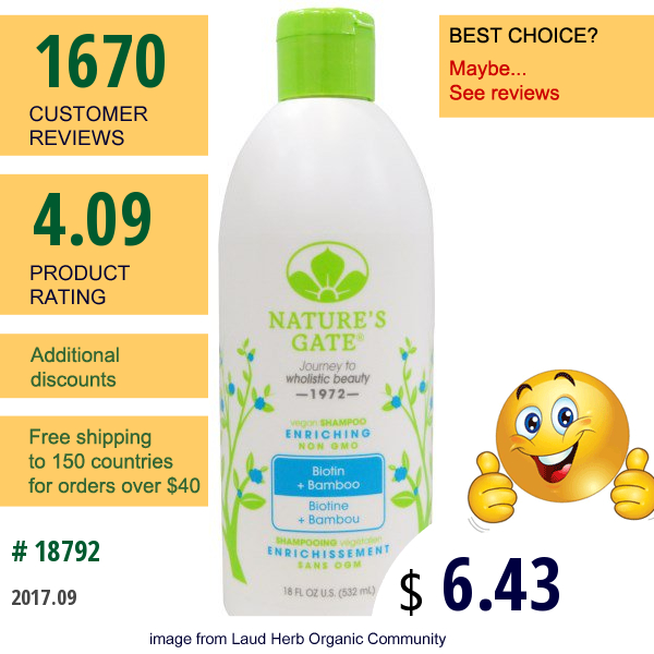 Natures Gate, Shampoo, Enriching, Vegan, Biotin + Bamboo, 18 Fl Oz (532 Ml)