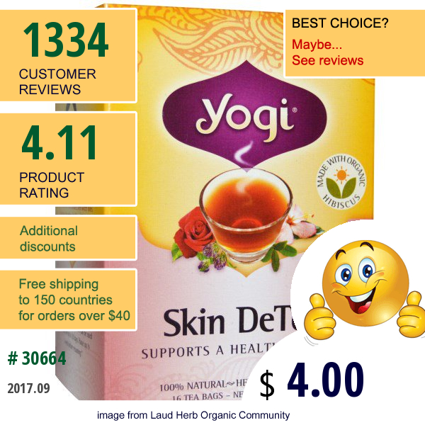 Yogi Tea, Soothing Rose Hibiscus Skin Detox Tea, 16 Tea Bags, 1.12 Oz (32 G)