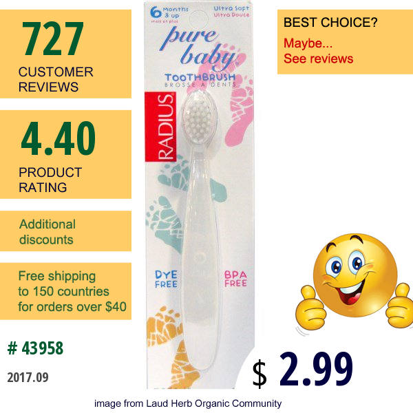 Radius, Pure Baby Toothbrush, 6 Months & Up, Ultra Soft, 1 Toothbrush