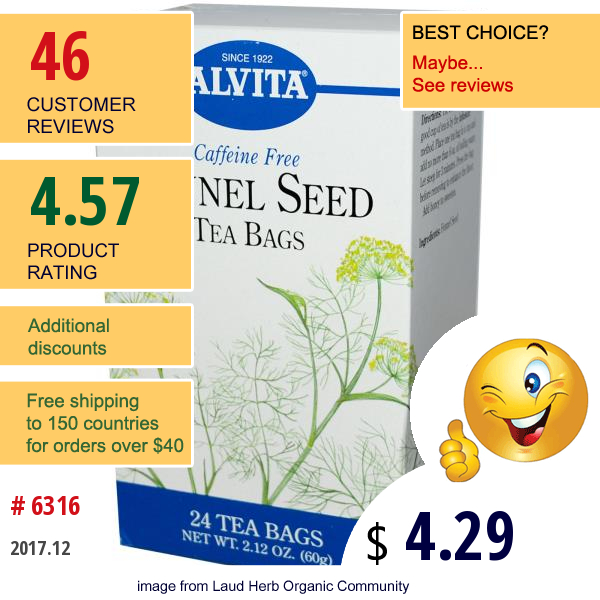 Alvita Teas, Fennel Seed, Caffeine Free, 24 Tea Bags, 2.12 Oz (60 G)  
