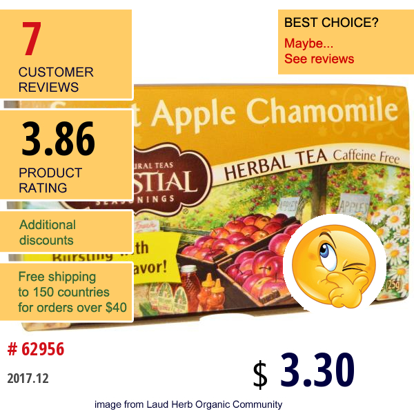 Celestial Seasonings, Herbal Tea, Caffeine Free, Sweet Apple Chamomile, 20 Tea Bags, 0.9 Oz (25 G)  