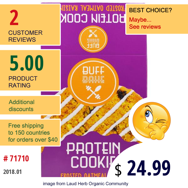 Buff Bake, Protein Cookies, Frosted Oatmeal Raisin, 12 Cookies, 2.82 Oz (80 G) Each  