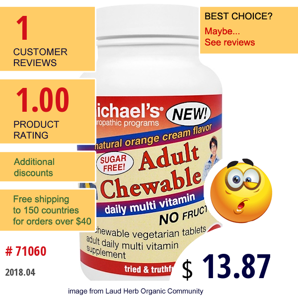 Michaels Naturopathic, Adult Chewable Daily Multi Vitamin, Natural Orange Cream Flavor, 60 Chewable Vegan Wafers