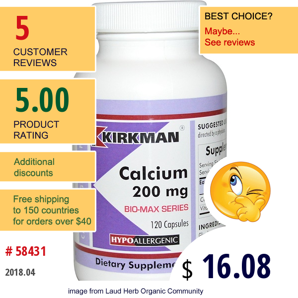 Kirkman Labs, Bio-Max Series, Calcium, 200 Mg, 120 Capsules