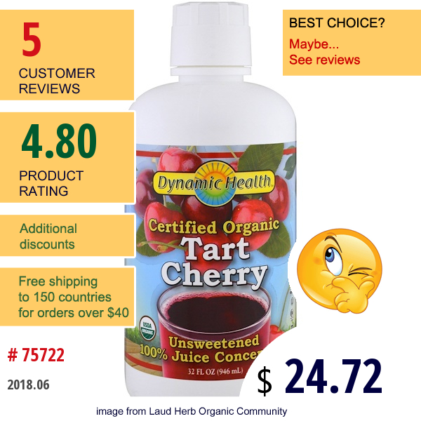 Dynamic Health  Laboratories, Certified Organic Tart Cherry Juice Concentrate, Unsweetened, 32 Fl Oz (946 Ml)