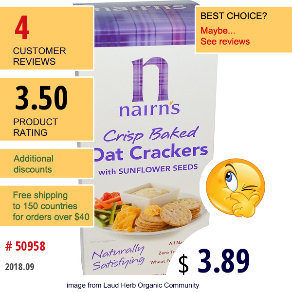 Nairns Inc, Crisp Baked Oat Crackers With Sunflower Seeds, 6.03 Oz (171 G)  