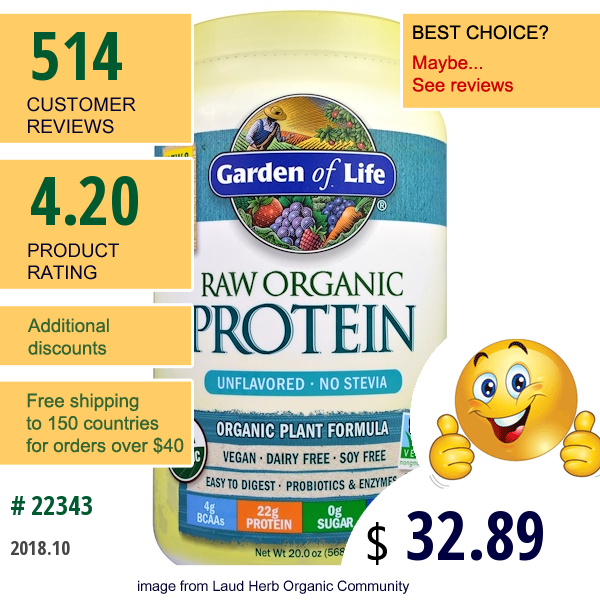 Garden Of Life, Raw Organic Protein, Organic Plant Formula, Unflavored, 20 Oz (568 G)