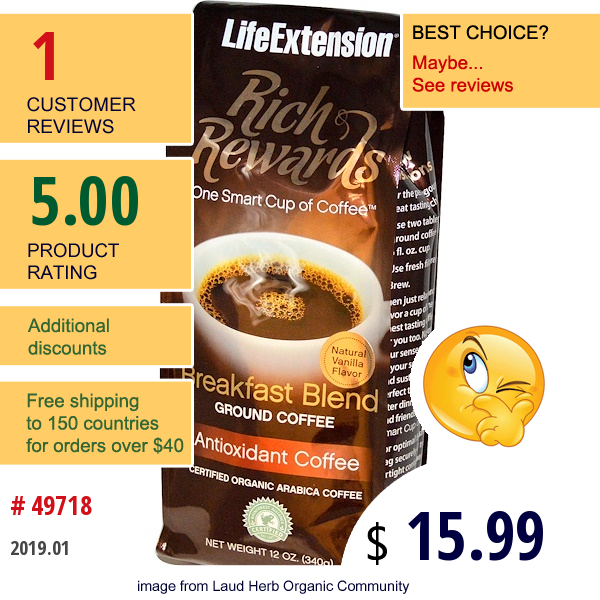 Life Extension, Rich Rewards, Breakfast Blend Ground Coffee, Natural Vanilla Flavor, 12 Oz (340 G)  