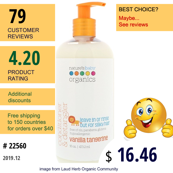 Nature'S Baby Organics, Conditioner & Detangler, Vanilla Tangerine, 16 Fl Oz (473.2 Ml)