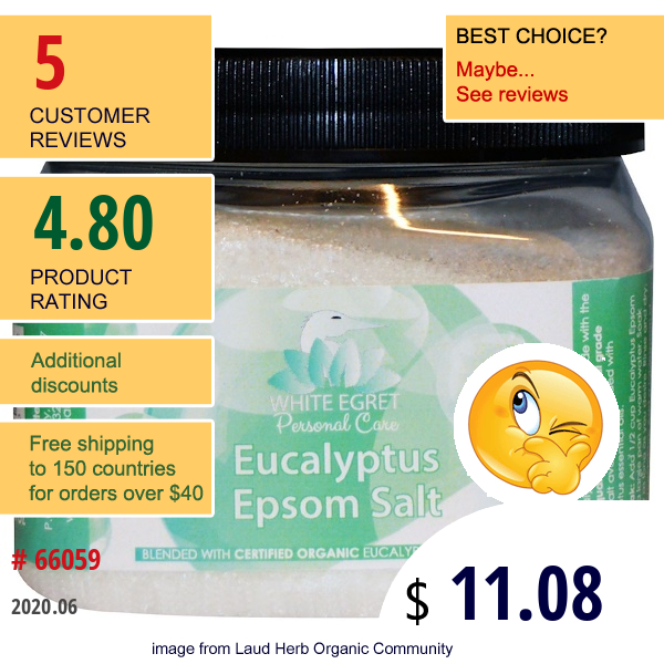 White Egret Personal Care, Eucalyptus Epsom Salt, 16 Oz  
