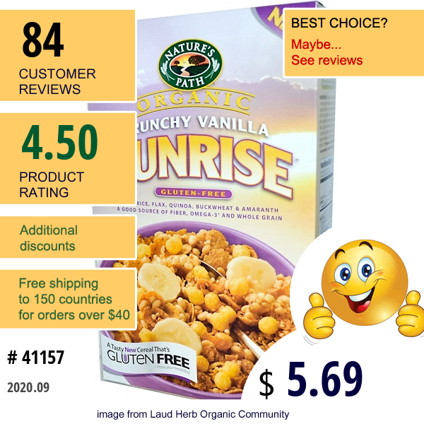 Nature'S Path, Organic, Sunrise Crunchy Vanilla Cereal, Gluten Free, 10.6 Oz (300 G)