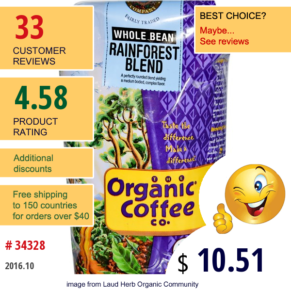 Organic Coffee Co., Rainforest Blend, Whole Bean Coffee, 12 Oz (340 G)  