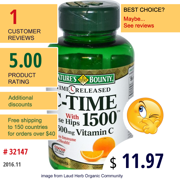 Natures Bounty, C-Time 1500 With Rose Hips, 1500 Mg, 60 Caplets  