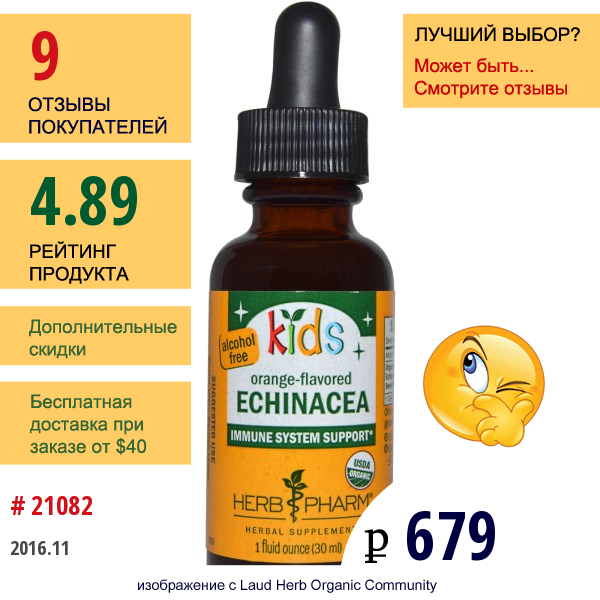 Herb Pharm, Эхинацея Для Детей, Без Спирта, Со Вкусом Апельсина, 1 Жидкая Унция (30 Мл)