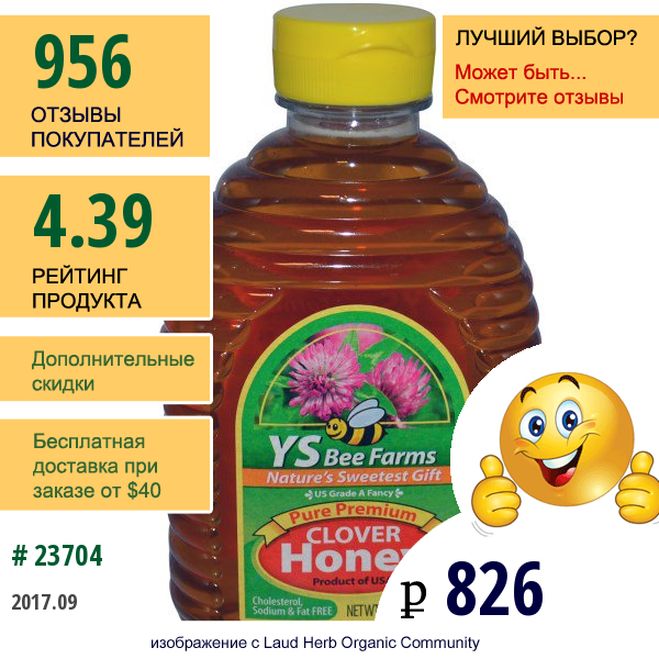 Y.s. Eco Bee Farms, Чистый Высококачественный Клеверный Мед, 32 Унции (2 Фунта) 907 Г
