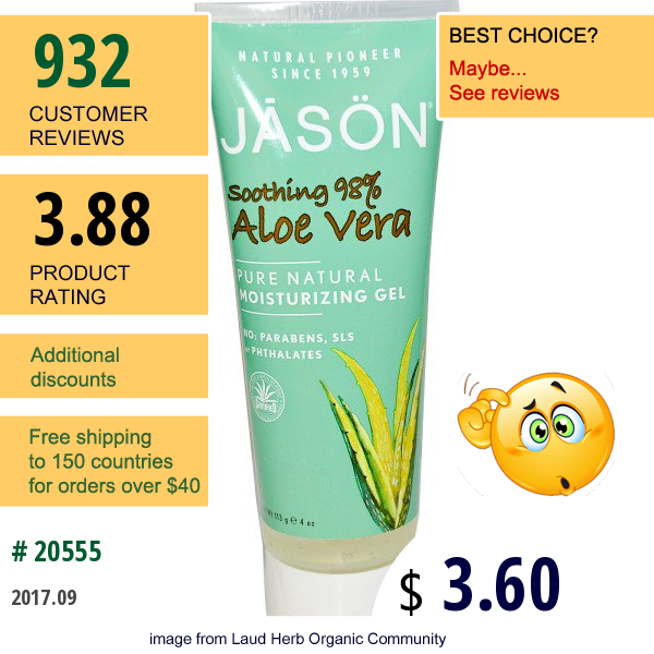 Jason Natural, Pure Natural Moisturizing Gel, Soothing 98% Aloe Vera, 4 Oz (113 G)