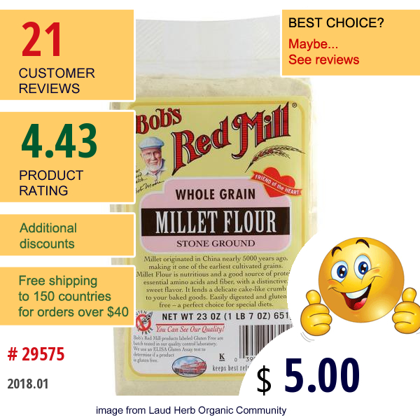 Bobs Red Mill, Whole Grain, Millet Flour, Stone Ground, 23 Oz (652 G)