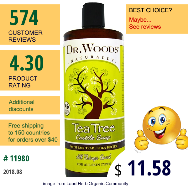 Dr. Woods, Tea Tree Castile Soap With Fair Trade Shea Butter, 32 Fl Oz (946 Ml)