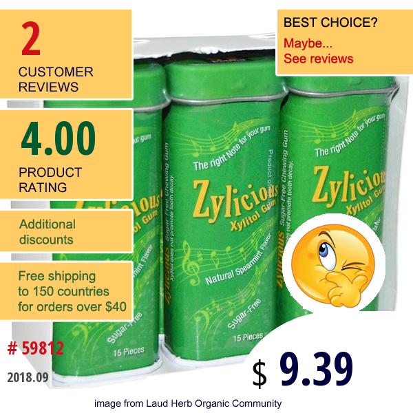 Fun Fresh Foods, Zylicious Xylitol Gum, Natural Spearmint Flavor, 6 Tins, (15 Pieces) Each  