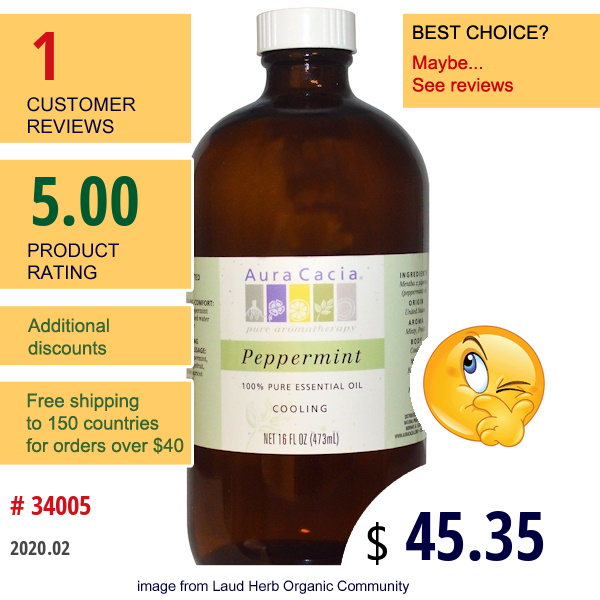 Aura Cacia, 100% Pure Essential Oil, Peppermint, Cooling, 16 Fl Oz (473 Ml)  