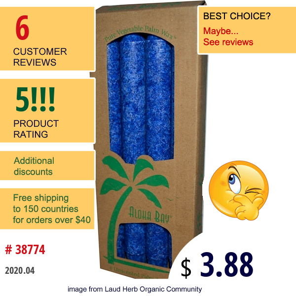 Aloha Bay, Palm Wax Taper Candles, Unscented, Royal Blue, 4 Pack, 9 In (23 Cm) Each  