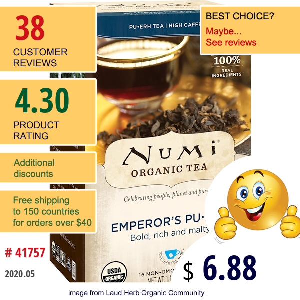 Numi Tea, Organic Tea, Pu-Erh Tea, Emperor'S Pu-Erh, 16 Tea Bags, 1.13 Oz (32 G)