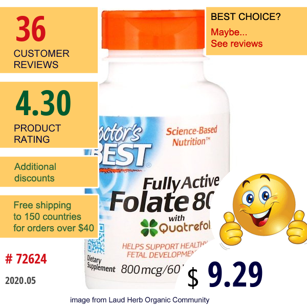 Doctor'S Best, Fully Active Folate 800, 800 Mcg, 60 Veggie Caps