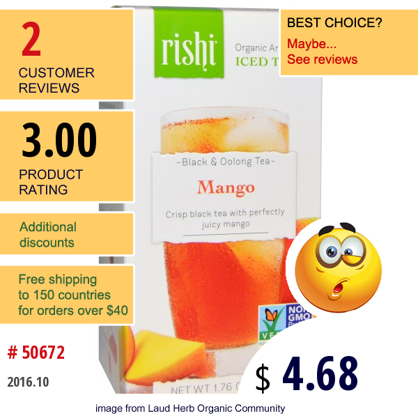 Rishi Tea, Organic Artisan Iced Tea, Black & Oolong Tea, Mango, 5 1-Quart Iced Tea Sachets, 1.76 Oz (50 G)  