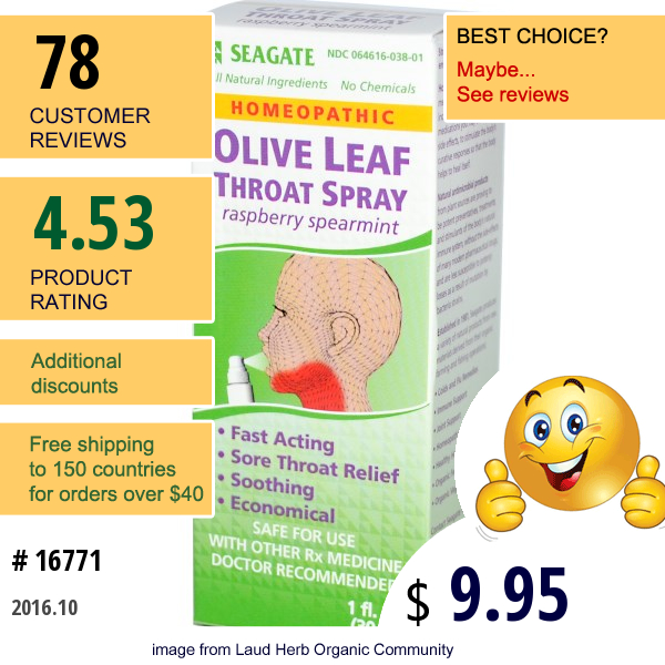 Seagate, Olive Leaf Throat Spray, Raspberry Spearmint, 1 Fl Oz (30 Ml) Seagate, Olive Leaf Throat Spray, Raspberry Spearmint, 1 Fl Oz (30 Ml)