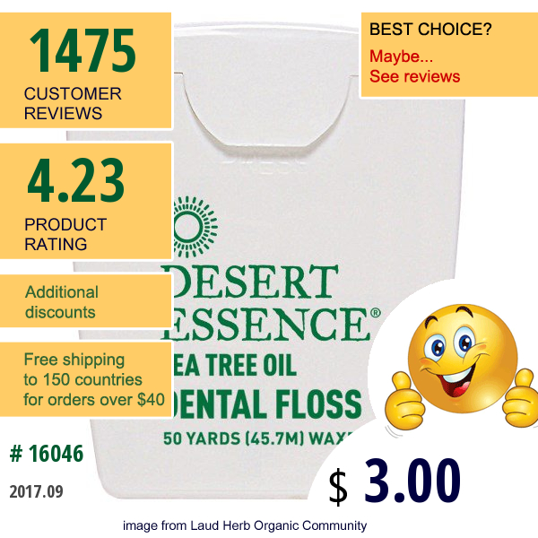 Desert Essence, Tea Tree Oil Dental Floss, Waxed, 50 Yds (45.7 M)
