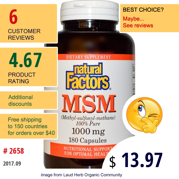 Natural Factors, Msm (Methyl-Sulfonyl-Methane), 1000 Mg, 180 Tablets  