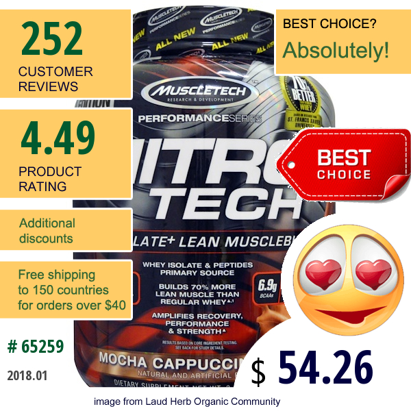 Muscletech, Nitrotech, Whey Isolate+ Lean Musclebuilder, Mocha Cappuccino Swirl, 3.97 Lbs (1.80 Kg)