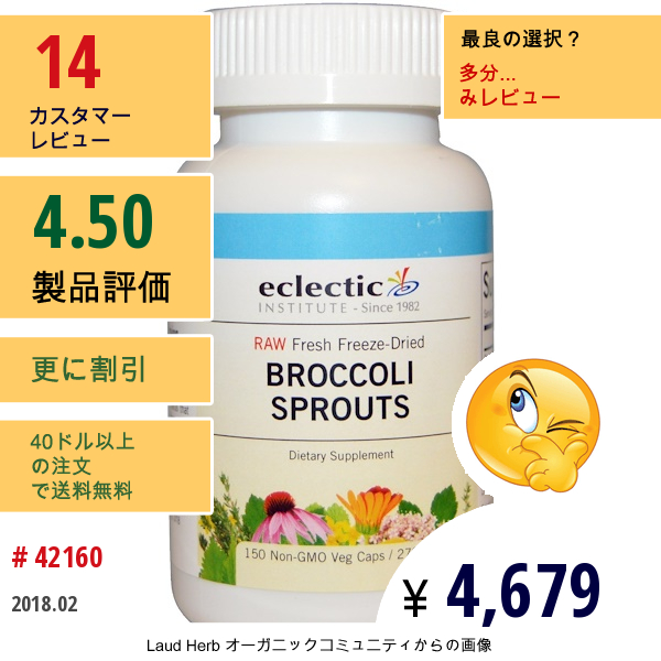 Eclectic Institute, ブロッコリーの芽, 270 Mg, 150粒（ベジタリアンカプセル）