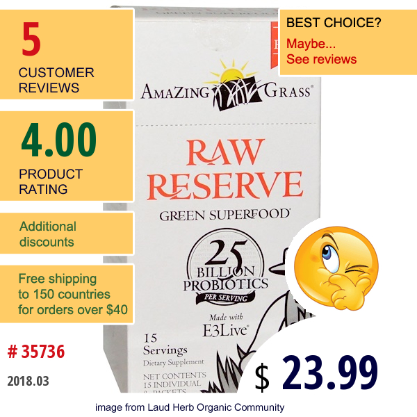 Amazing Grass, Green Superfood, Raw Reserve With E3 Live, 15 Packets, 8 G Each  