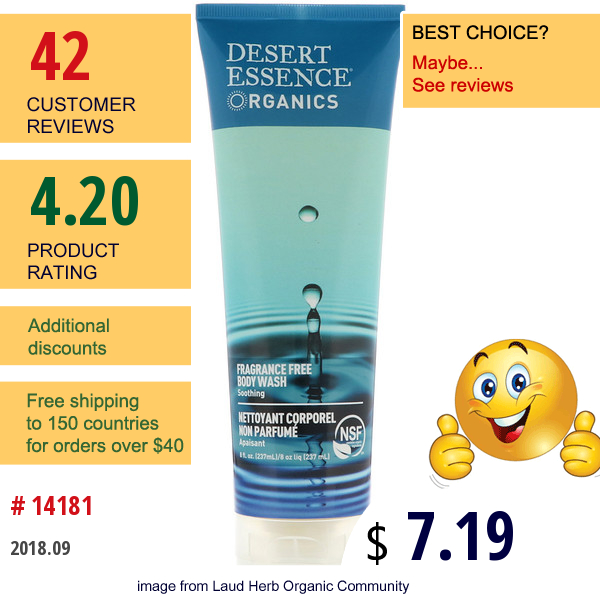 Desert Essence, Organics, Body Wash, Fragrance Free, 8 Fl Oz (237 Ml)
