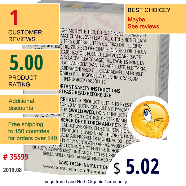 Aura Cacia, Electric Aromatherapy Air Freshener Refill, Comforting Spices & Clove, 0.52 Fl Oz (15.4 Ml) Aura Cacia, Electric Aromatherapy Air Freshener Refill, Comforting Spices & Clove, 0.52 Fl Oz (15.4 Ml)