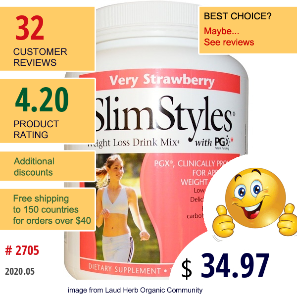 Natural Factors, Slimstyles, Weight Loss Drink Mix, With Pgx, Very Strawberry, 1Lb 12 Oz (800 G)  