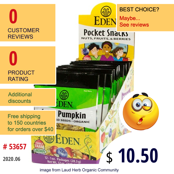 Eden Foods, Pocket Snacks, Spicy Pumpkin Seeds, 12 Packages, 1 Oz (28.3 G) Each  