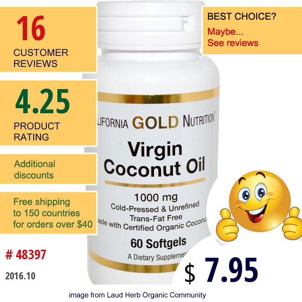 California Gold Nutrition, Virgin Coconut Oil, 1000 Mg, 60 Softgels